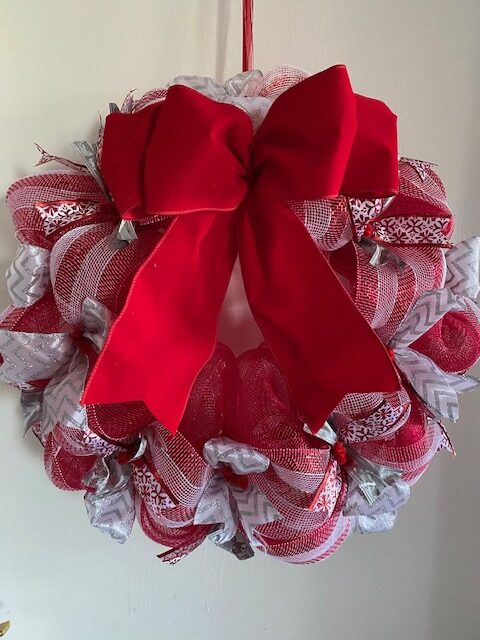Red and White Wreath with Red Bow