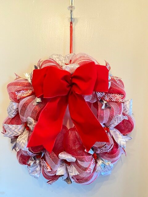 Red and White Wreath with Red Bow